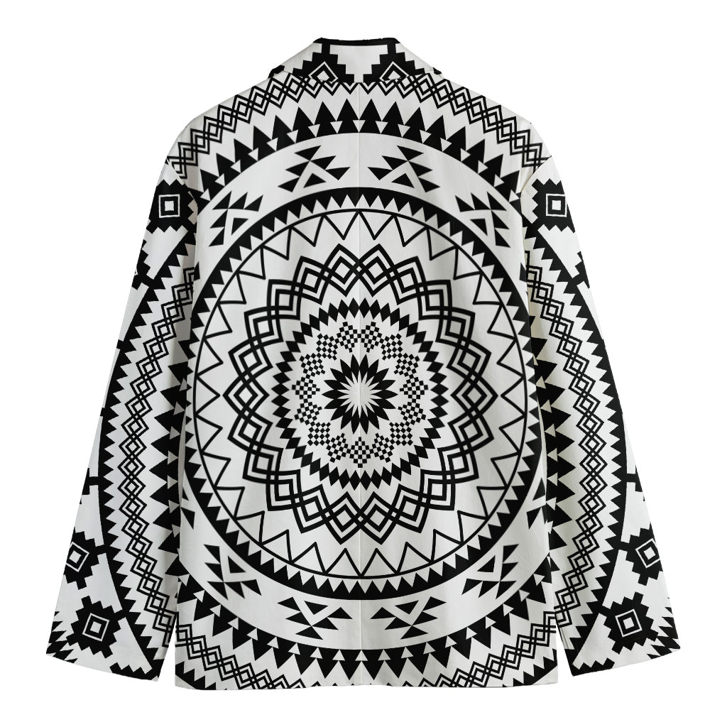 Black And White Tribal Mandala Print Men's Cotton Blazer