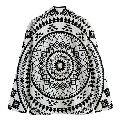 Black And White Tribal Mandala Print Men's Cotton Blazer