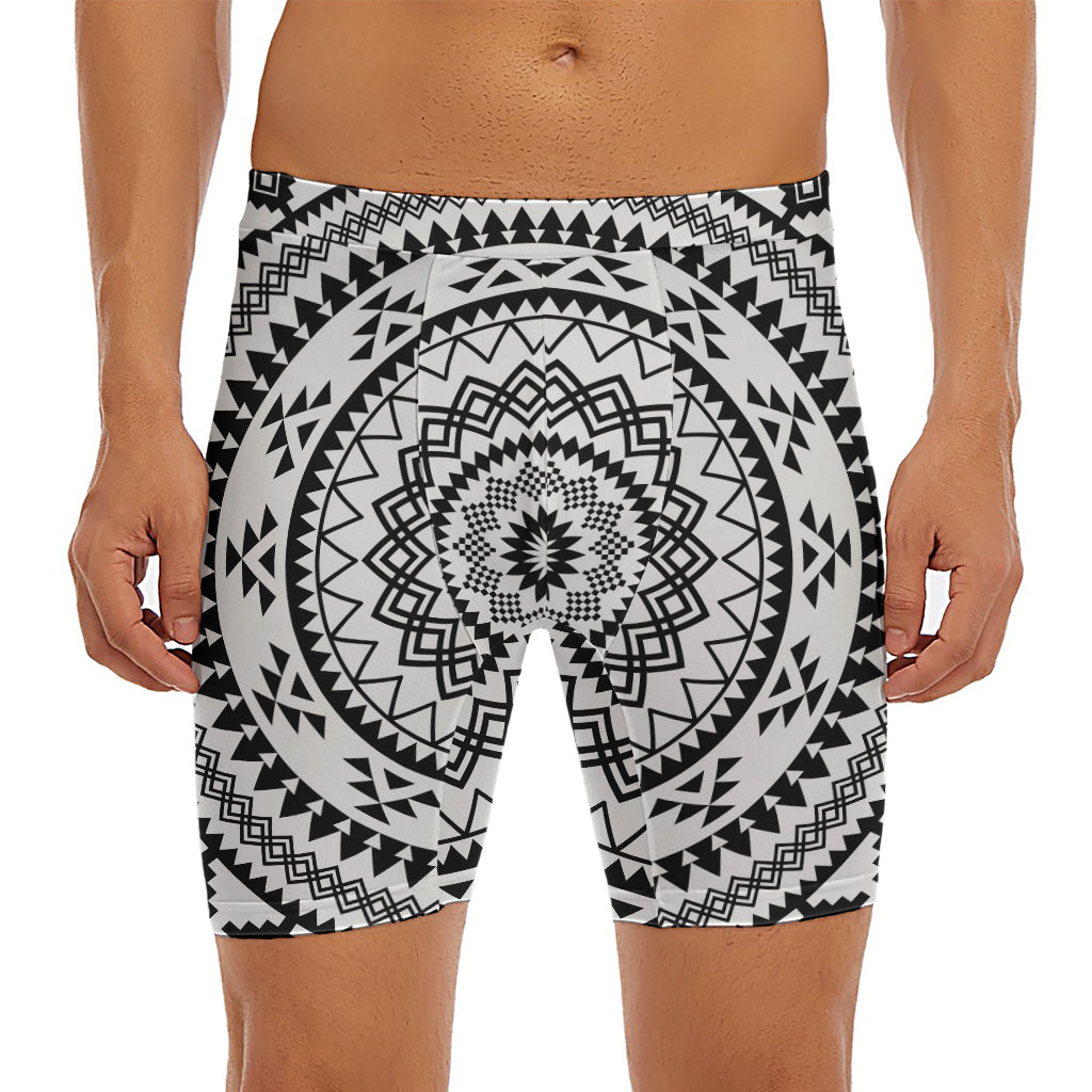 Black And White Tribal Mandala Print Men's Long Boxer Briefs