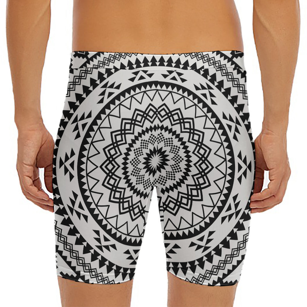 Black And White Tribal Mandala Print Men's Long Boxer Briefs