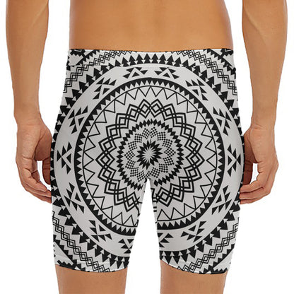 Black And White Tribal Mandala Print Men's Long Boxer Briefs