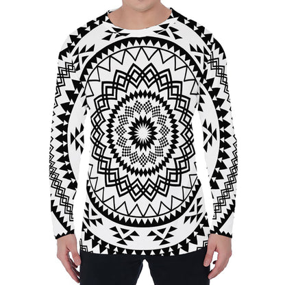 Black And White Tribal Mandala Print Men's Long Sleeve T-Shirt