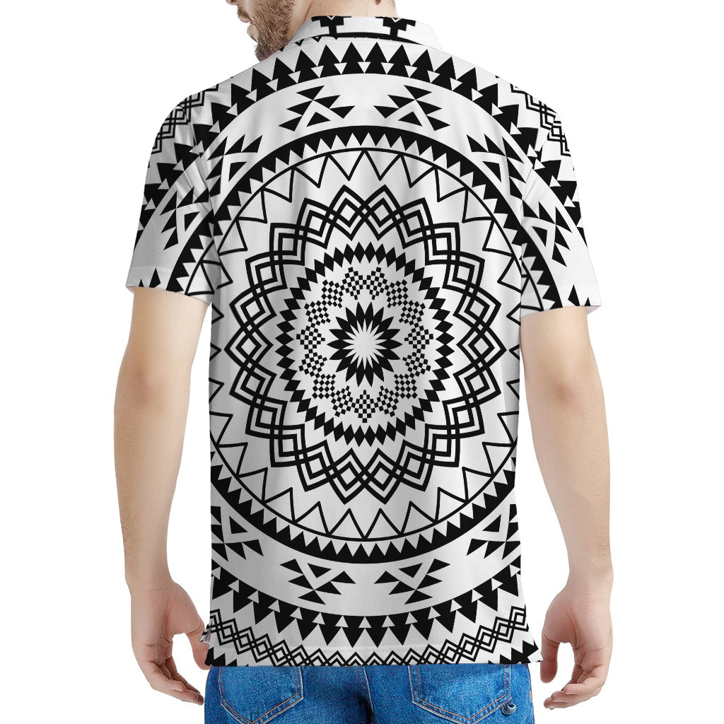 Black And White Tribal Mandala Print Men's Polo Shirt