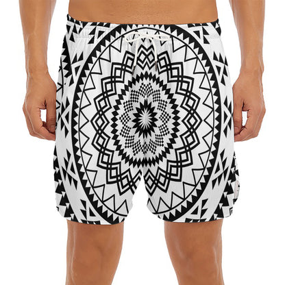 Black And White Tribal Mandala Print Men's Split Running Shorts