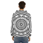 Black And White Tribal Mandala Print Men's Velvet Pullover Hoodie