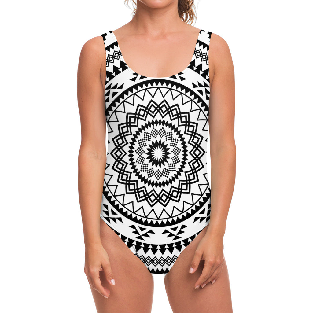 Black And White Tribal Mandala Print One Piece Swimsuit