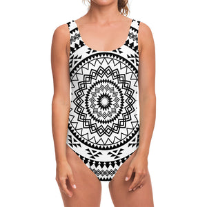 Black And White Tribal Mandala Print One Piece Swimsuit