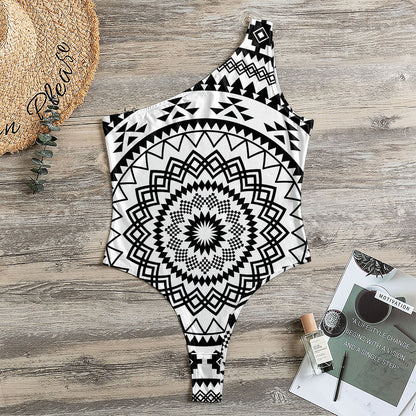 Black And White Tribal Mandala Print One Shoulder Bodysuit