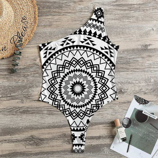 Black And White Tribal Mandala Print One Shoulder Bodysuit