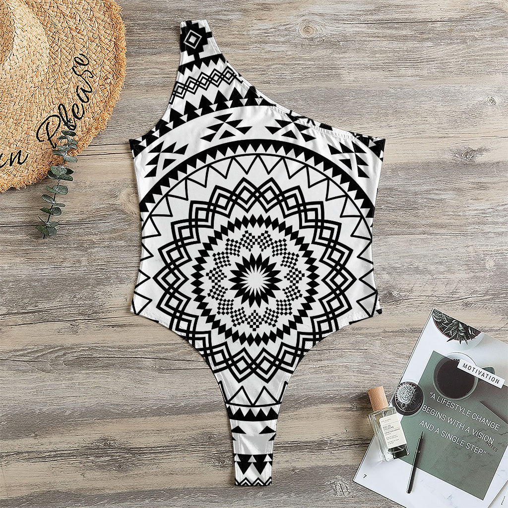 Black And White Tribal Mandala Print One Shoulder Bodysuit