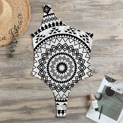 Black And White Tribal Mandala Print One Shoulder Bodysuit