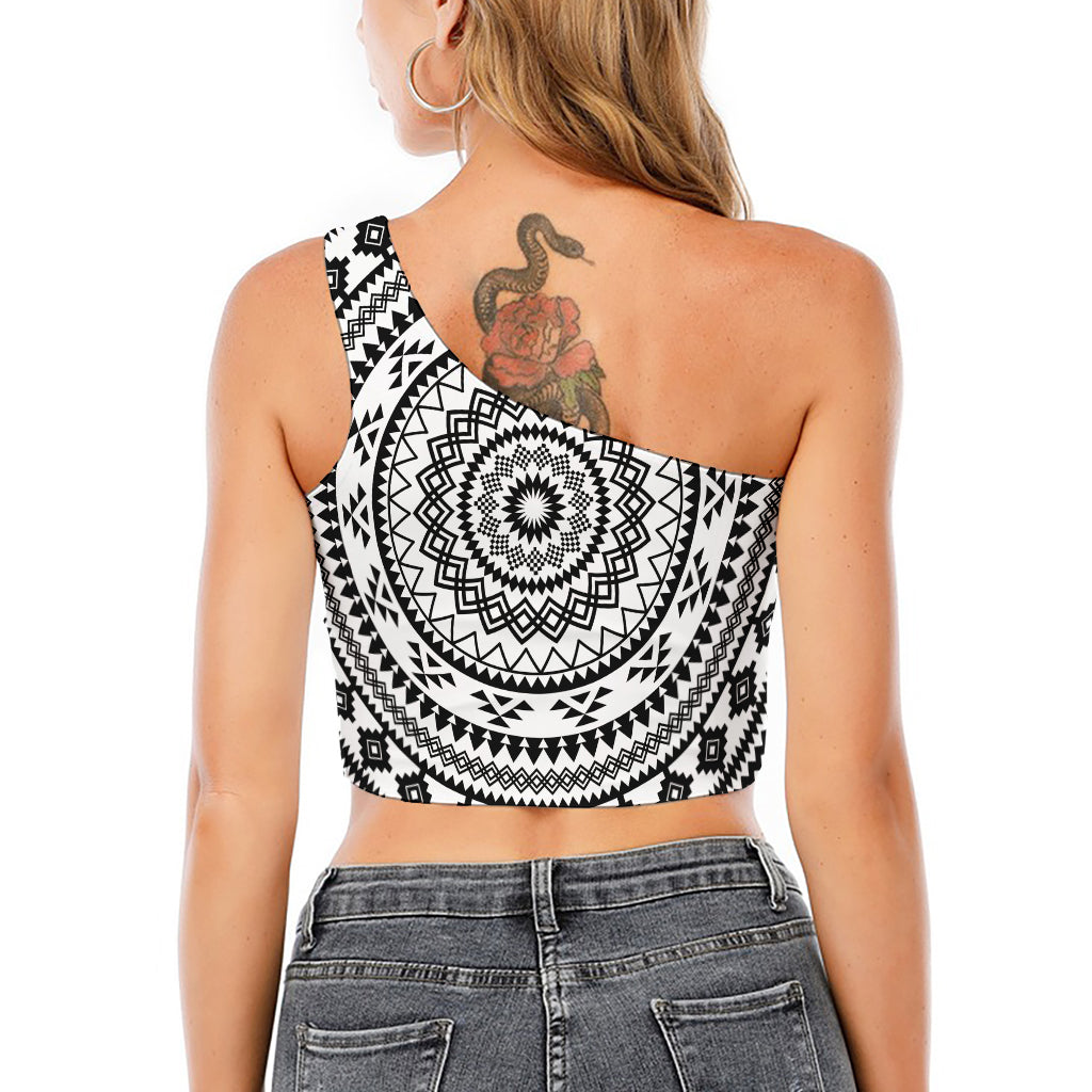 Black And White Tribal Mandala Print One Shoulder Crop Top