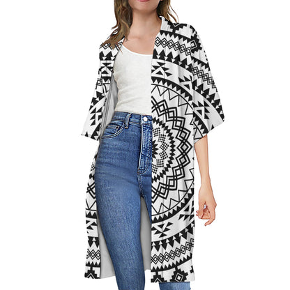 Black And White Tribal Mandala Print Open Front Beach Cover Up