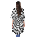 Black And White Tribal Mandala Print Open Front Beach Cover Up