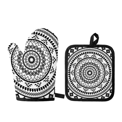 Black And White Tribal Mandala Print Oven Mitt And Pot Holder Set