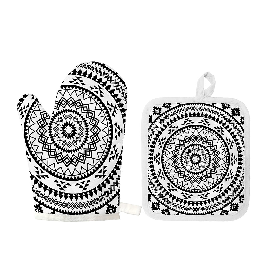 Black And White Tribal Mandala Print Oven Mitt And Pot Holder Set