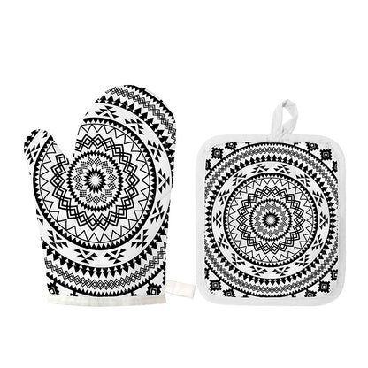 Black And White Tribal Mandala Print Oven Mitt And Pot Holder Set