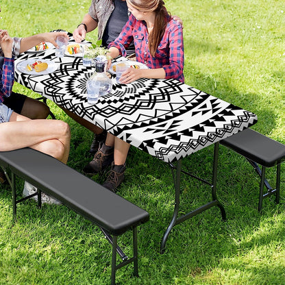 Black And White Tribal Mandala Print Picnic Table Cover