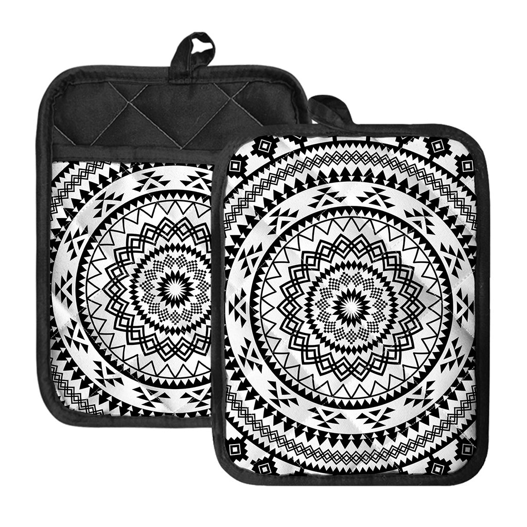 Black And White Tribal Mandala Print Pot Holders With Pocket