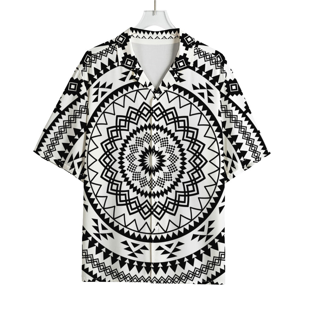 Black And White Tribal Mandala Print Rayon Hawaiian Shirt