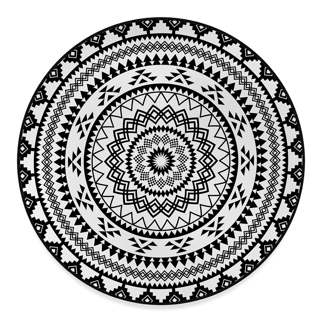 Black And White Tribal Mandala Print Round Floor Mat