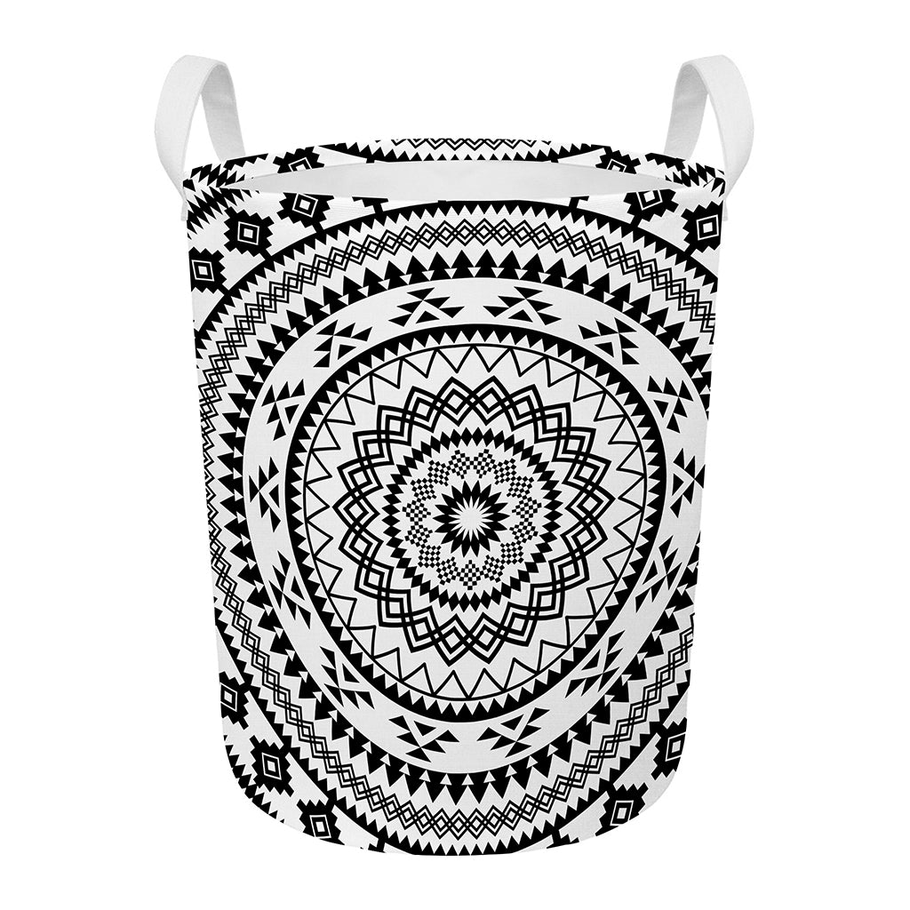 Black And White Tribal Mandala Print Round Laundry Basket