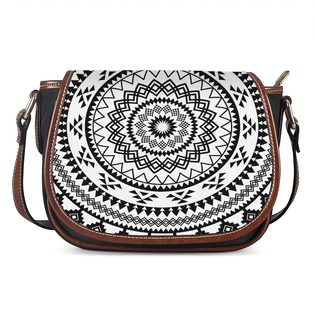 Black And White Tribal Mandala Print Saddle Bag