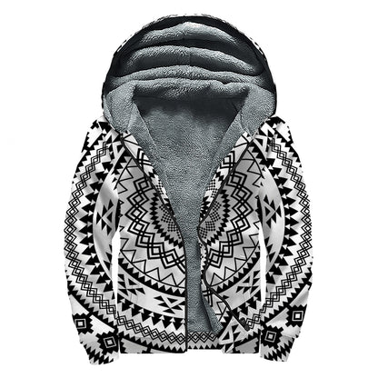 Black And White Tribal Mandala Print Sherpa Lined Zip Up Hoodie