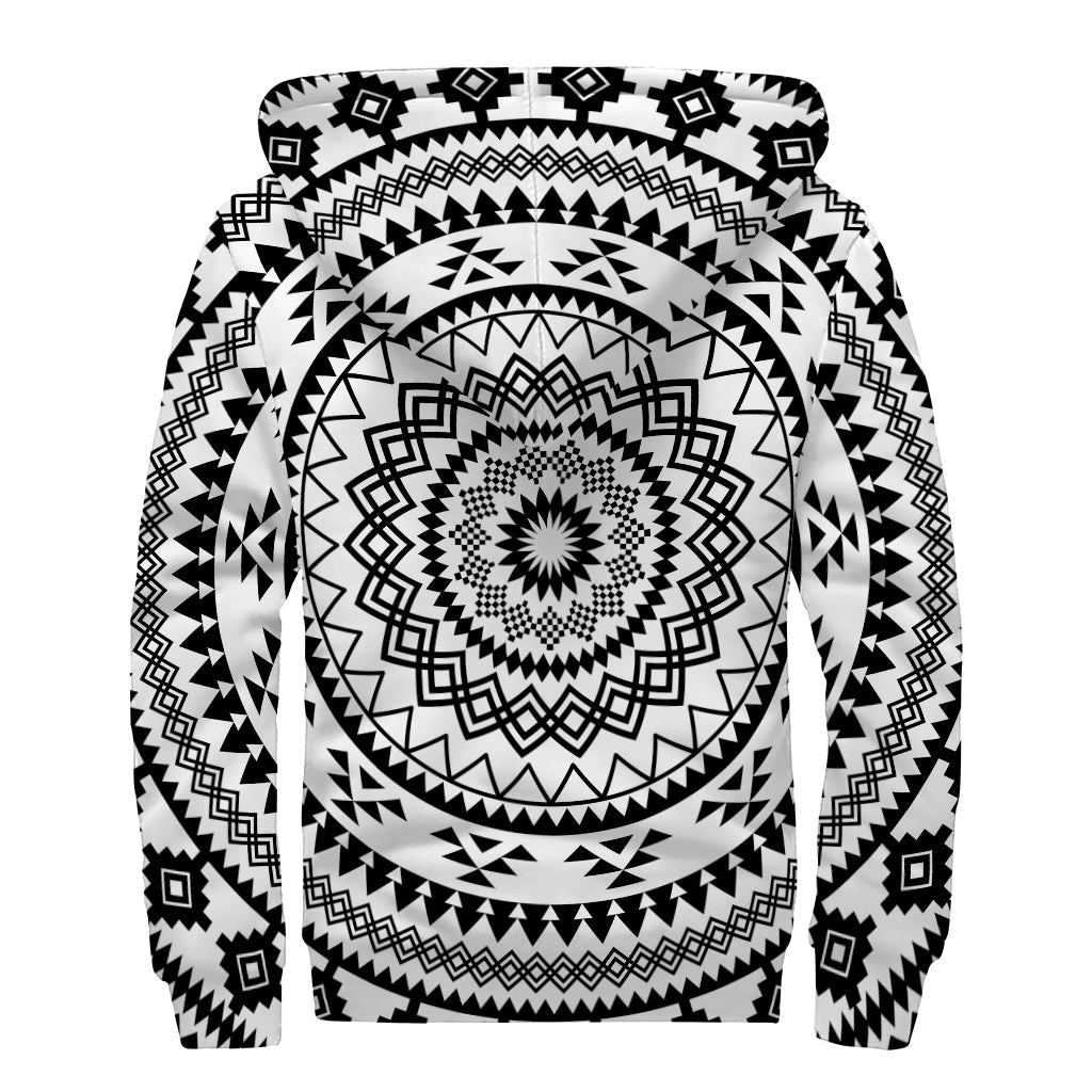 Black And White Tribal Mandala Print Sherpa Lined Zip Up Hoodie