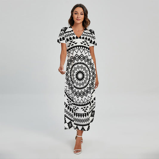 Black And White Tribal Mandala Print Short Sleeve Maxi Dress