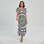 Black And White Tribal Mandala Print Short Sleeve Maxi Dress
