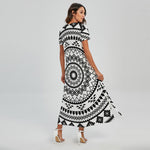 Black And White Tribal Mandala Print Short Sleeve Maxi Dress