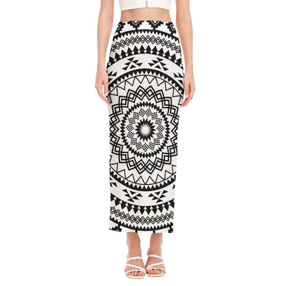 Black And White Tribal Mandala Print Side Slit Maxi Skirt