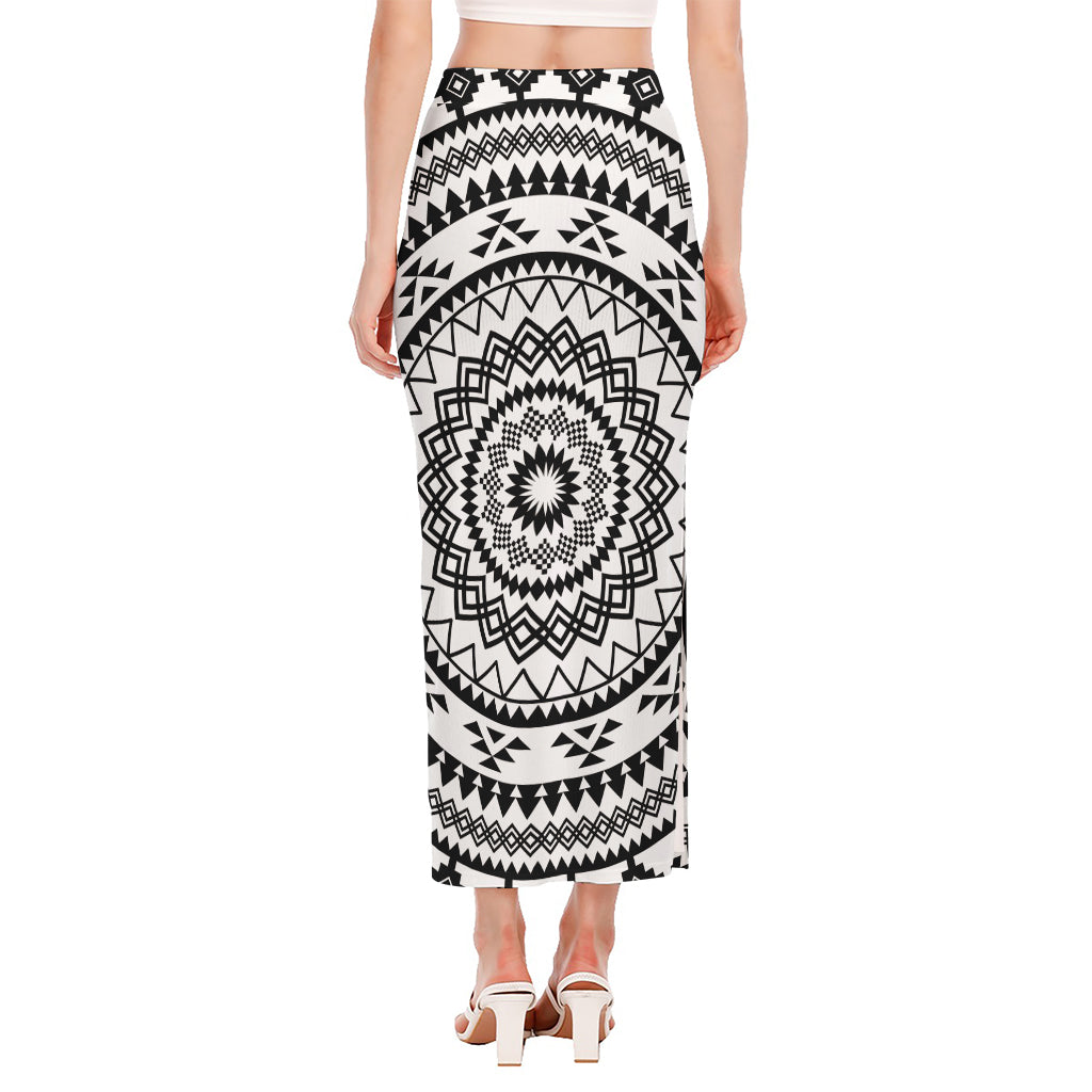 Black And White Tribal Mandala Print Side Slit Maxi Skirt