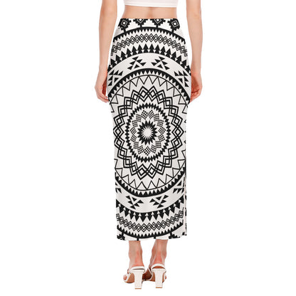Black And White Tribal Mandala Print Side Slit Maxi Skirt