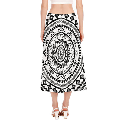 Black And White Tribal Mandala Print Side Slit Midi Skirt