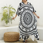 Black And White Tribal Mandala Print Silk V-Neck Kaftan Dress