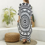Black And White Tribal Mandala Print Silk V-Neck Kaftan Dress