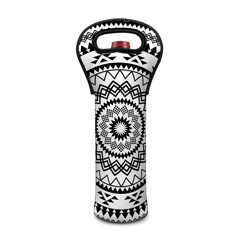 Black And White Tribal Mandala Print Single Neoprene Wine Tote