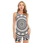 Black And White Tribal Mandala Print Sleeveless One Piece Swimsuit