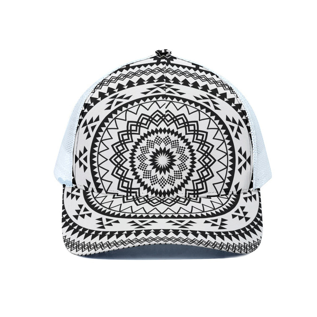 Black And White Tribal Mandala Print White Mesh Trucker Cap