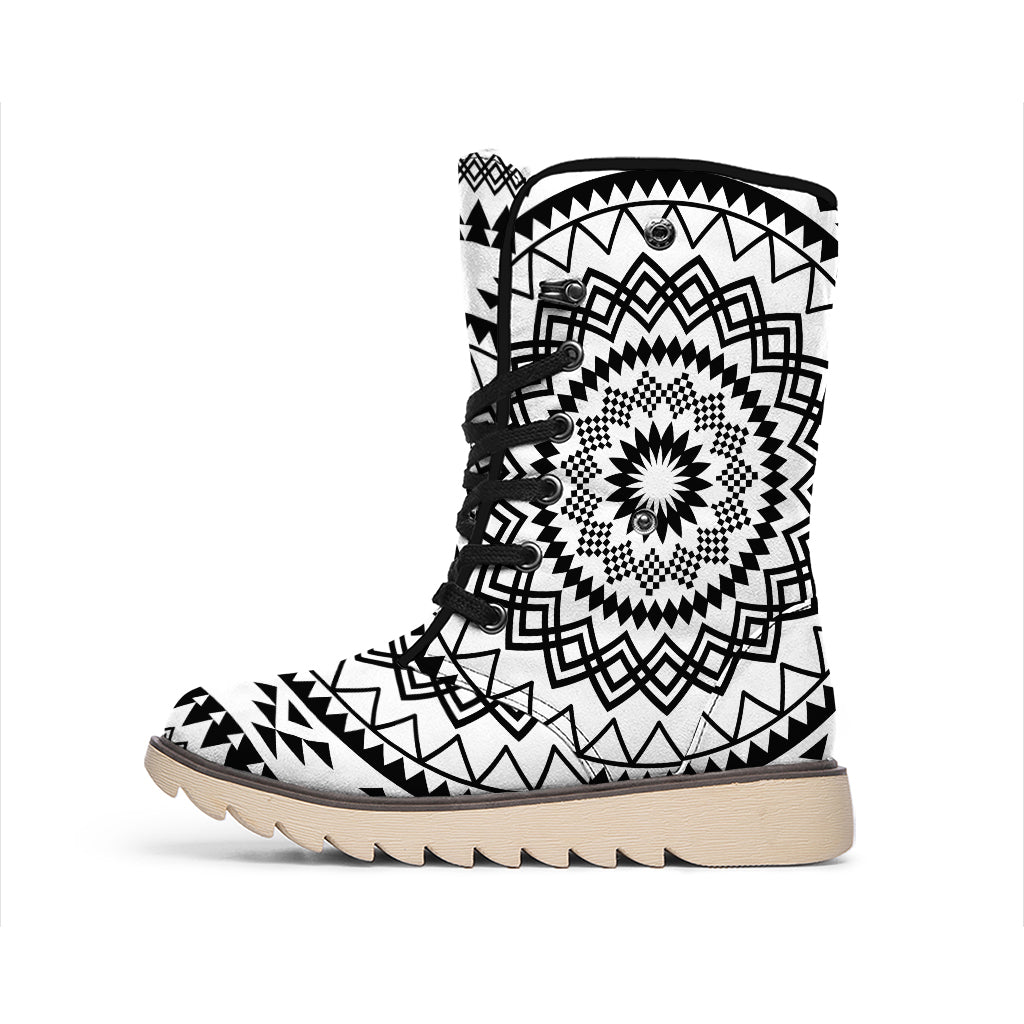 Black And White Tribal Mandala Print Winter Boots