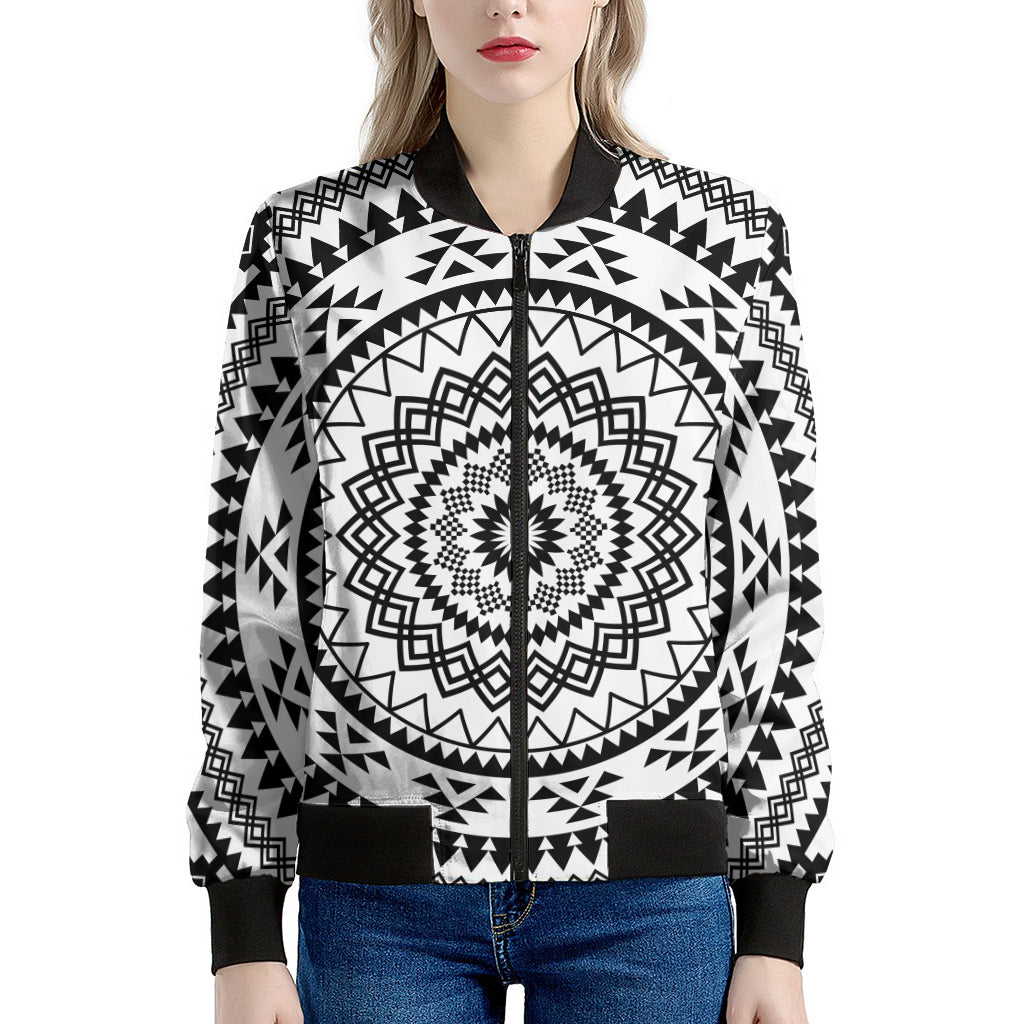 Black And White Tribal Mandala Print Women's Bomber Jacket