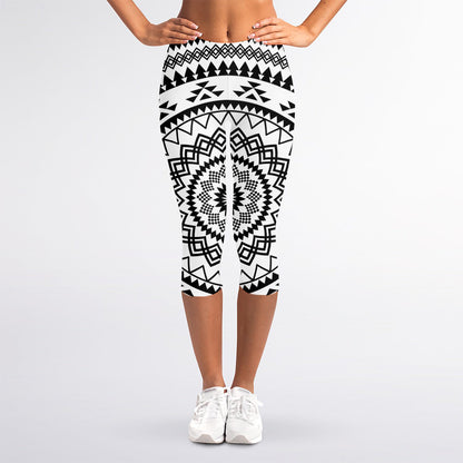 Black And White Tribal Mandala Print Women's Capri Leggings