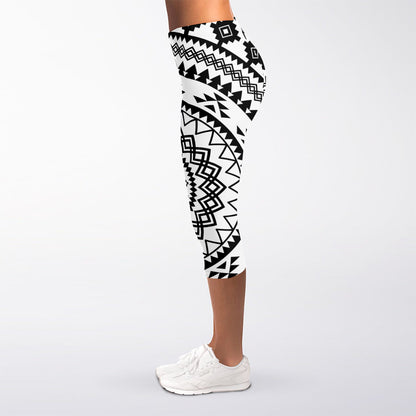 Black And White Tribal Mandala Print Women's Capri Leggings
