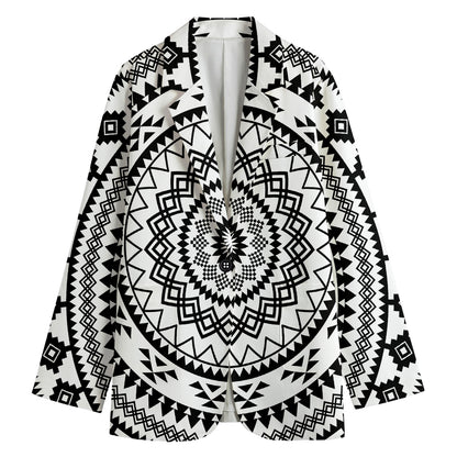 Black And White Tribal Mandala Print Women's Cotton Blazer
