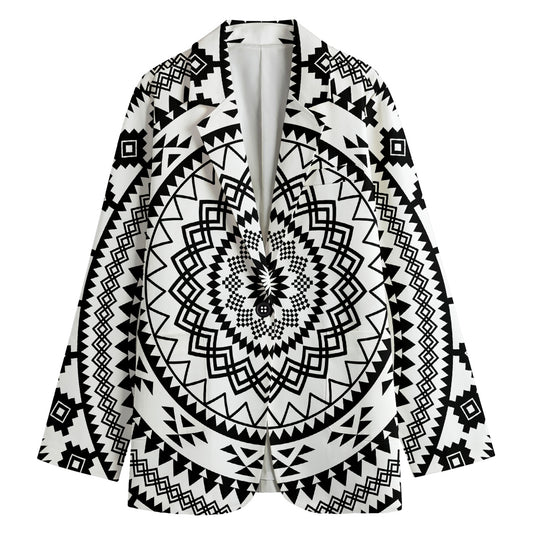 Black And White Tribal Mandala Print Women's Cotton Blazer