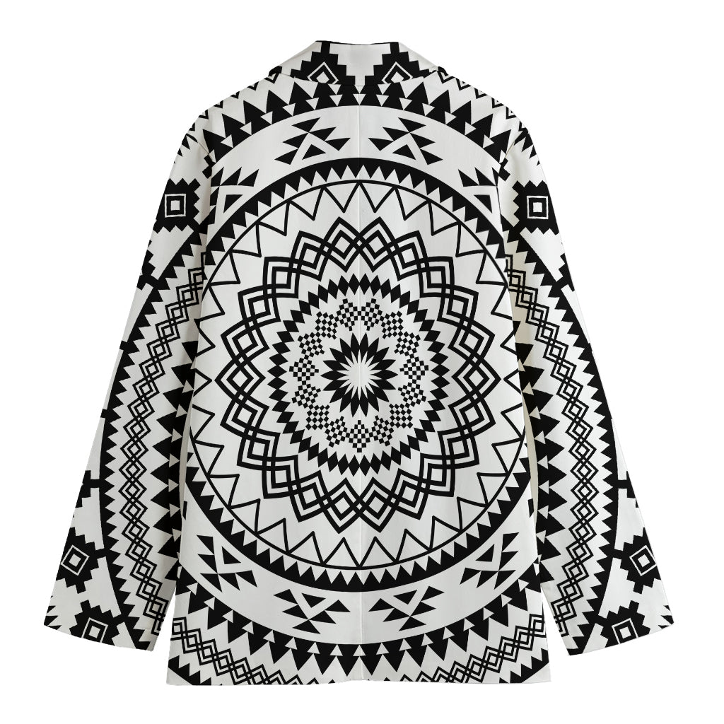 Black And White Tribal Mandala Print Women's Cotton Blazer