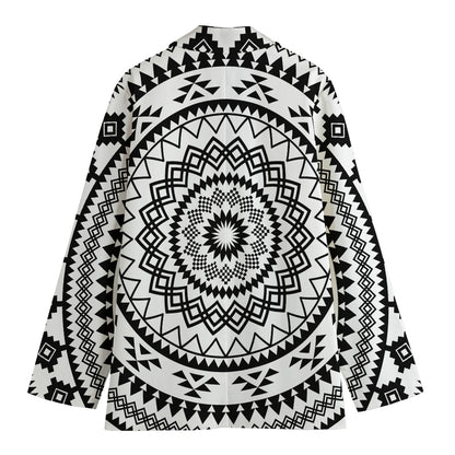 Black And White Tribal Mandala Print Women's Cotton Blazer