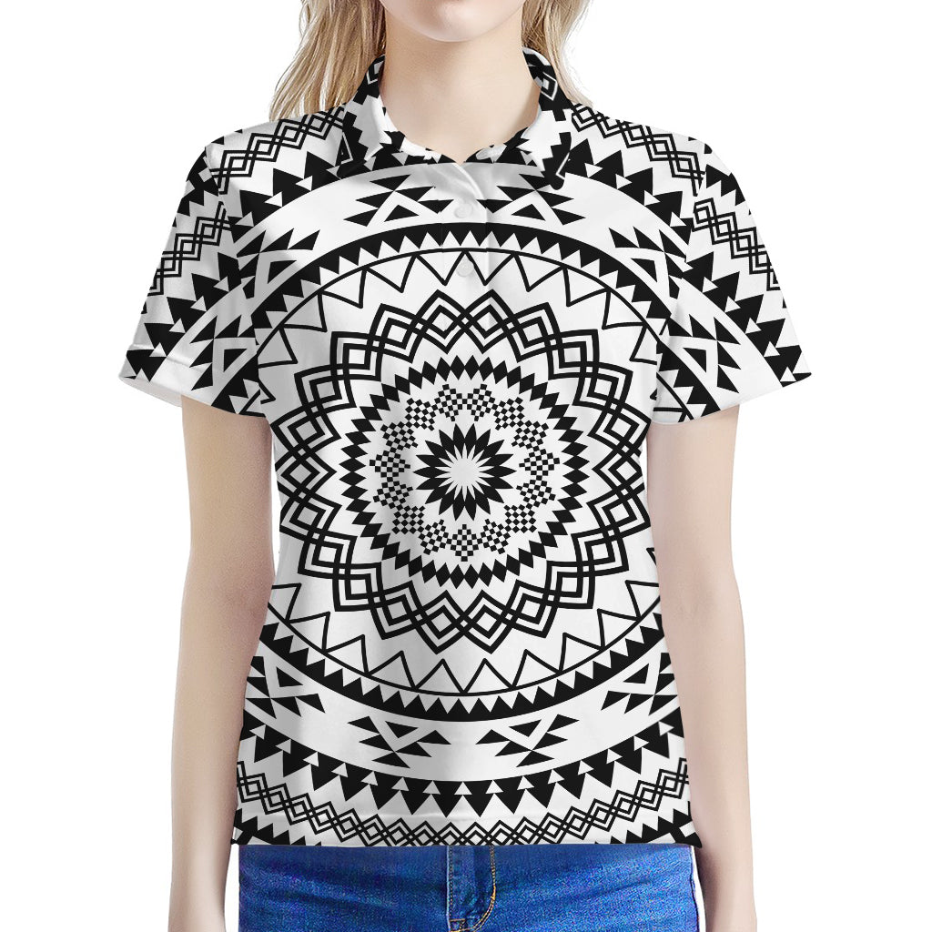 Black And White Tribal Mandala Print Women's Polo Shirt